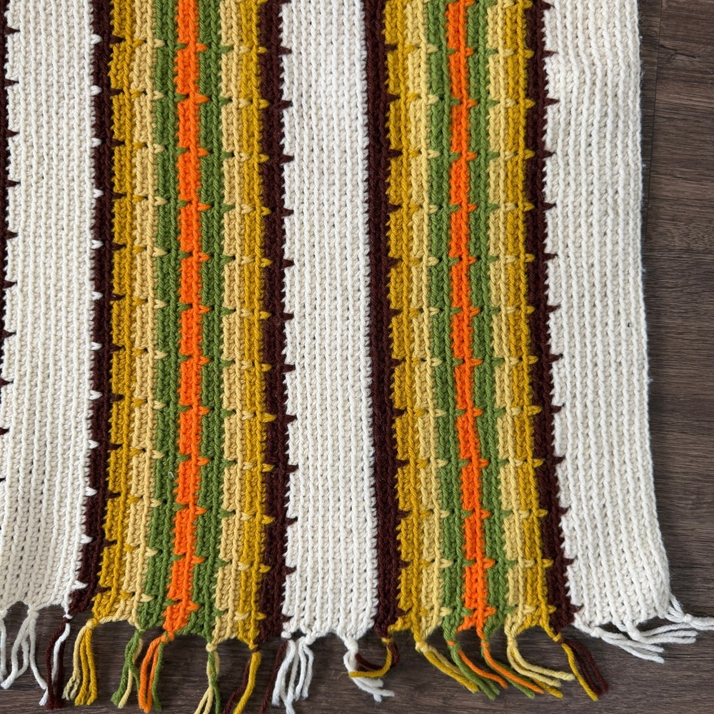 Handmade Crochet Afghan Throw Blanket MCM Boho Retro Striped Fringe Earthy 40x68 - Picture 3 of 7